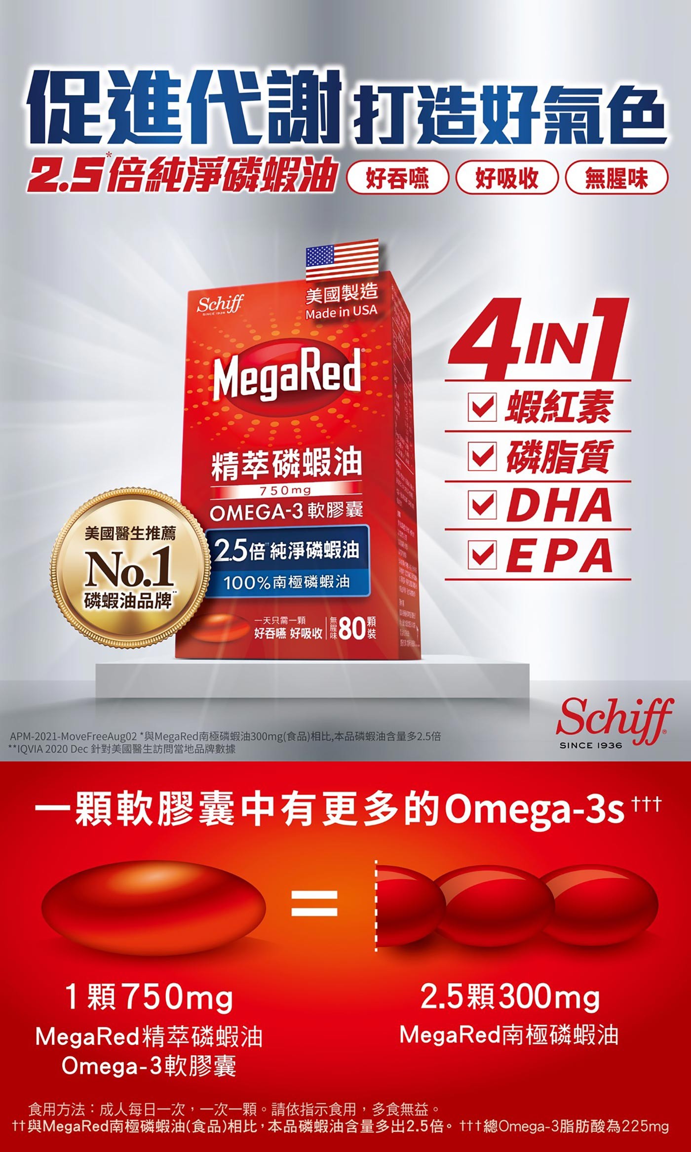 Schiff MegaRed Krill Oil 750mg 高濃縮磷蝦油膠囊，MegaRed Omega-3 磷蝦油所提供的Omega-3脂肪酸，磷脂，和強大的蝦青素抗氧化劑，是維護心臟健康的最佳組合。
