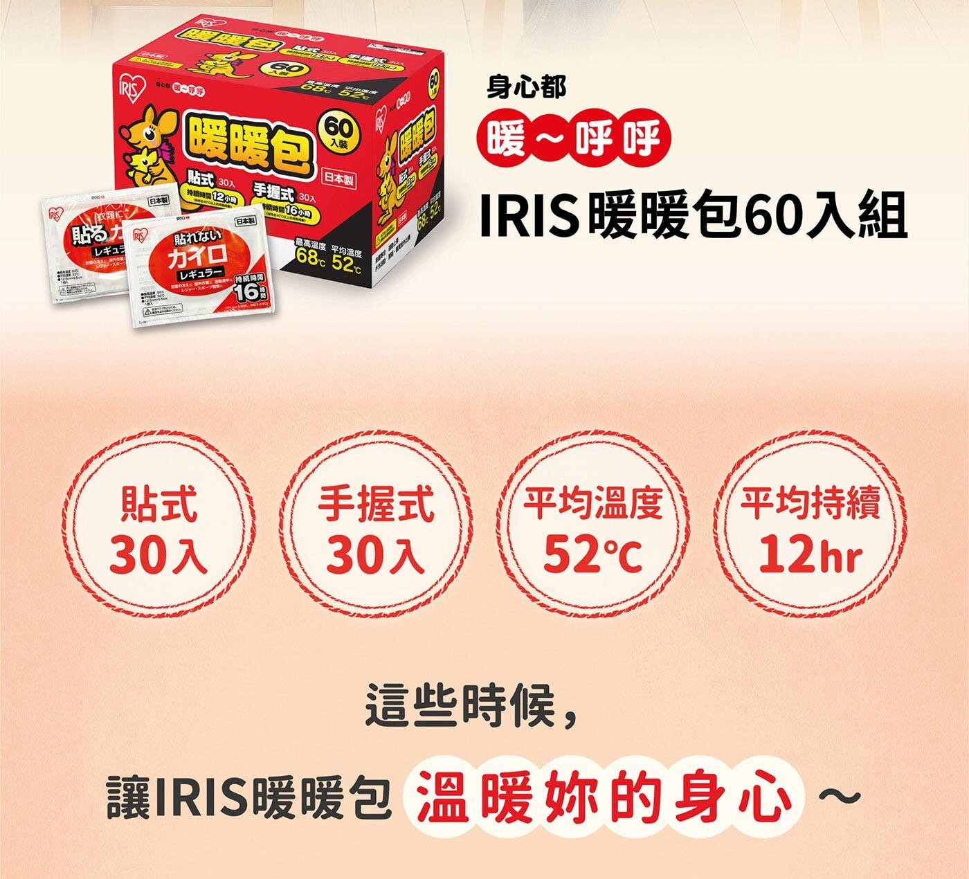 IRIS 暖暖包內含貼式暖暖包+手握式暖暖包，日本原裝進口，最高溫度68度C，平均溫度52度C。
