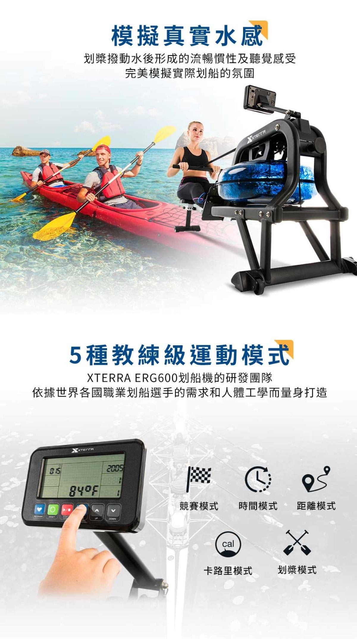 XTERRA ERG600W 水阻划船機，6段離心水阻力飛輪，5組全自動教練及運動程式，可摺疊設計。