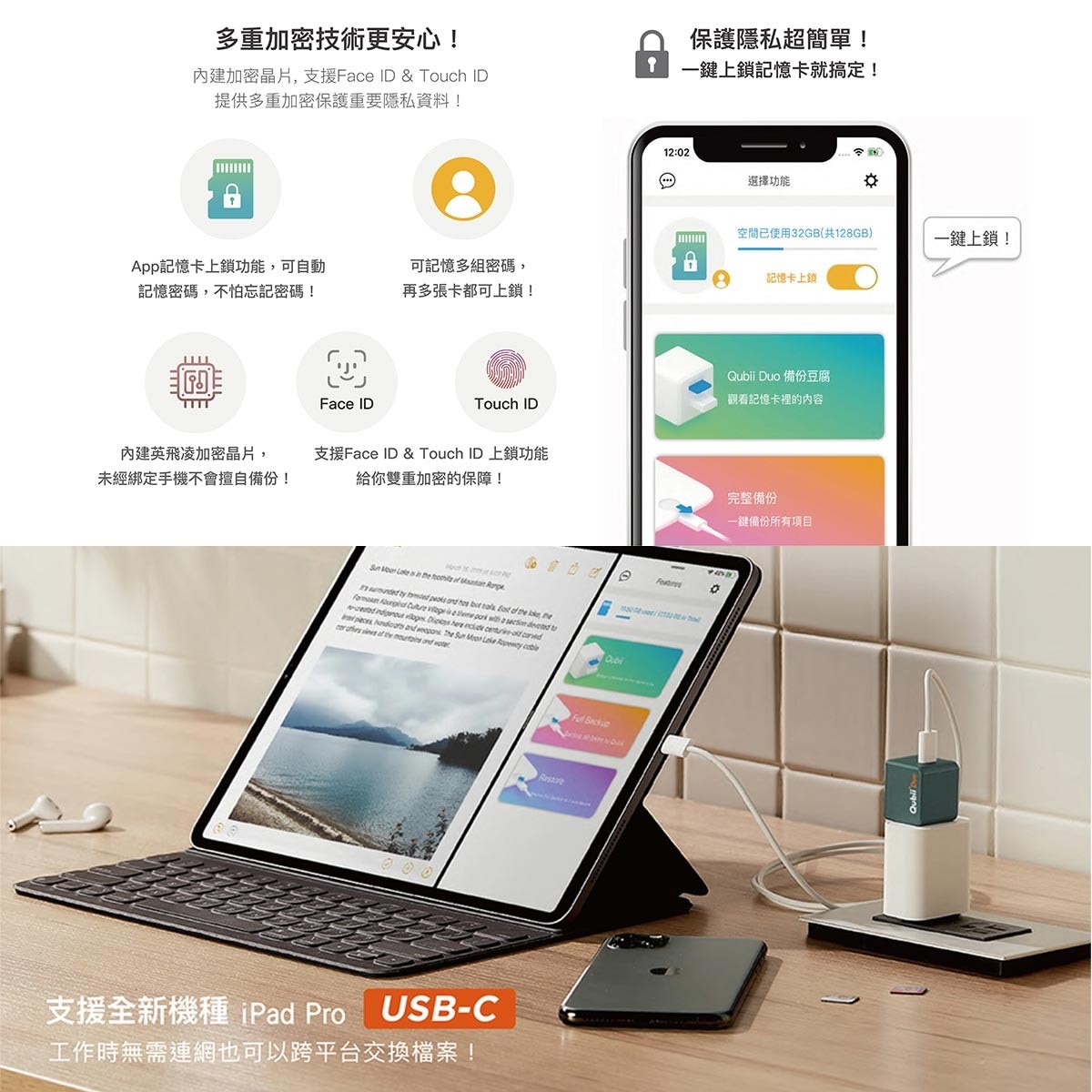 雙用QubiiDuo USB-C備份豆腐，USB-C全新規格，快速充電＋自動備份！lockedApp一鍵鎖上記憶卡，保護私隱簡單方便！high voltage手機充電同時自動備份，清出手機空間易如反掌。