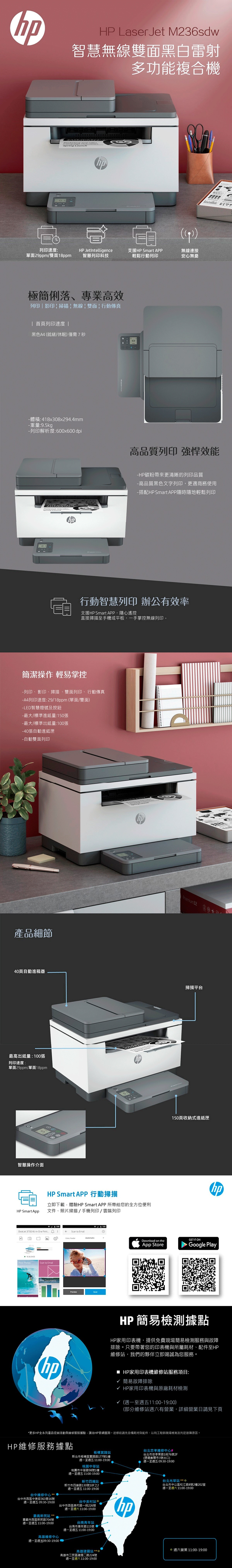 HP LaserJet 多功能事務機M236sdw 印表機，列印/影印/掃描/自動雙面列印/行動傳真等多功能，行動智慧列印支援SmartAPP，直接掃描至手機/平板。每分列印再推進，高速列印每分29頁直逼商用規格。全新外型設計，簡潔俐落，德國紅點設計獎。