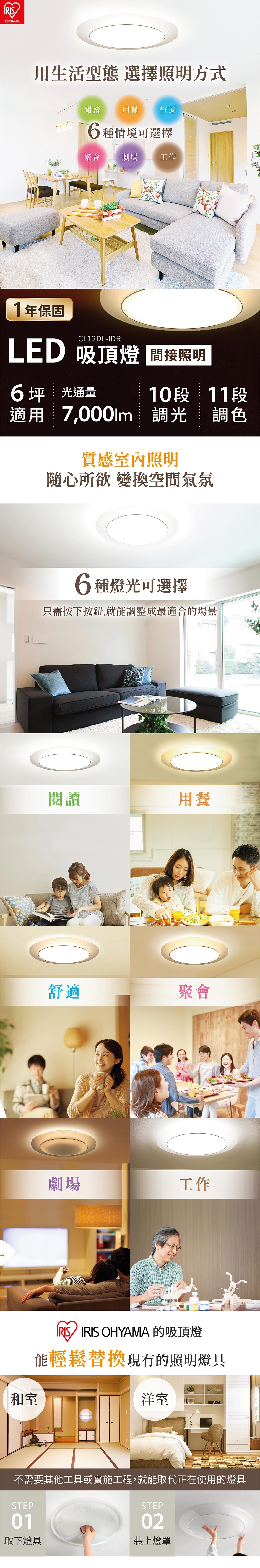 IRIS LED 吸頂燈 CL12DL-IDR 間接照明款，6坪適用，亮度10段可調，光色11段可調，雙重照明設計，可自由調整間接照明與直接照明的燈光，發光效率改善，更加的省電。