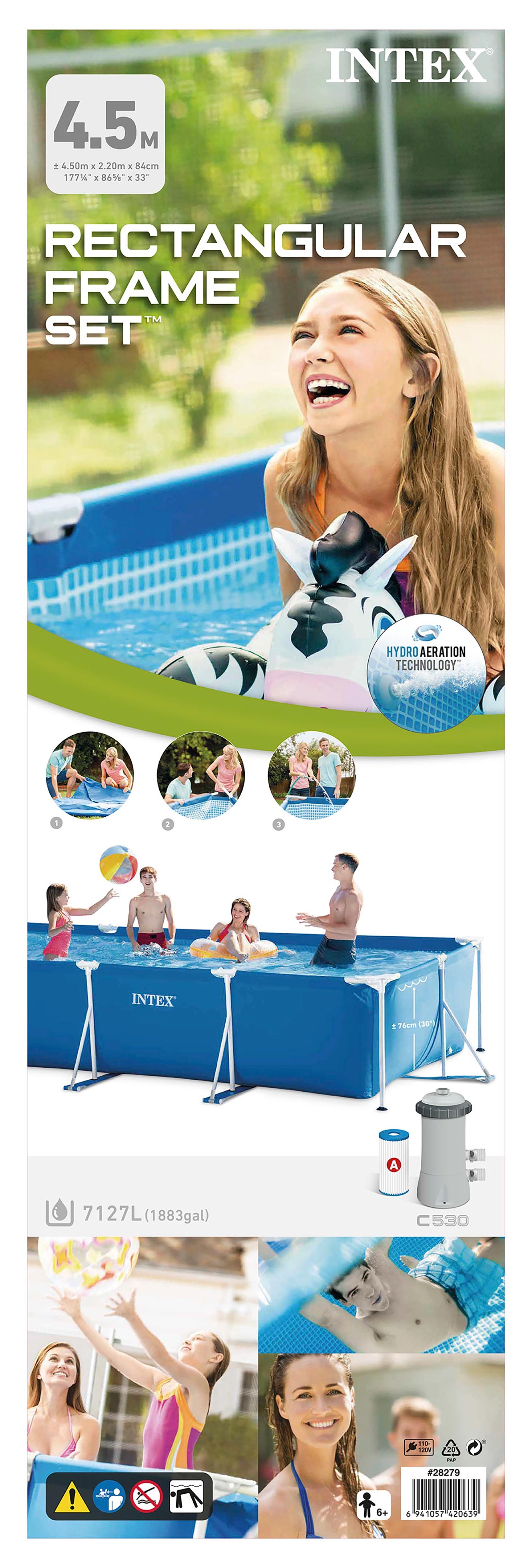 Intex 4.5公尺 X 2.2公尺 金屬支架長方型泳池，快速完成蓄水，親子遊戲池戲水池、兒童游泳池、水上活動、球池多用途使用，適合6歲以上兒童使用，收納方便。
