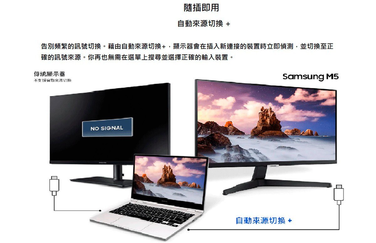 SAMSUNG 24吋 FHD智慧聯網螢幕 S24AM506NC，遠端存取功能，讓你工作不間斷。無需連接筆電，便可觀賞串流應用程式。超廣視角，寬廣不失真。