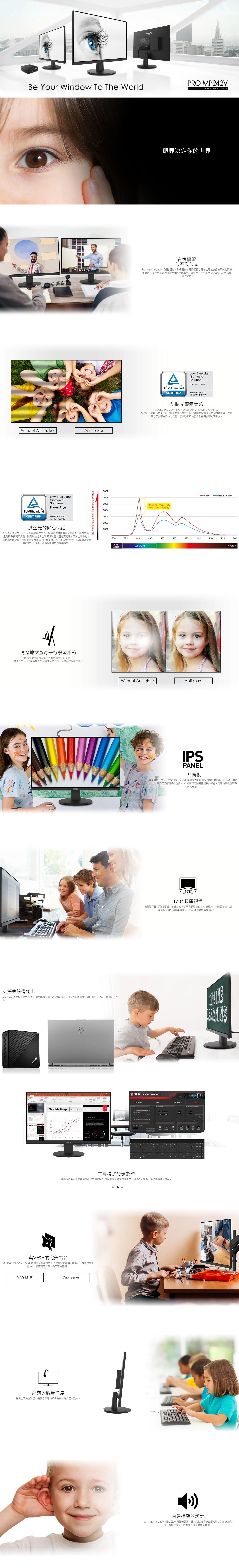 MSI 微星 PRO MP242V 窄邊框防眩光電腦螢幕，減藍光的貼心保護，IPS面板可照顧兒童成長的細節，可即時優化屏幕顏色和亮度，178° 超廣視角，擁有HDMI和D-Sub 輸出孔支援雙設備輸出。