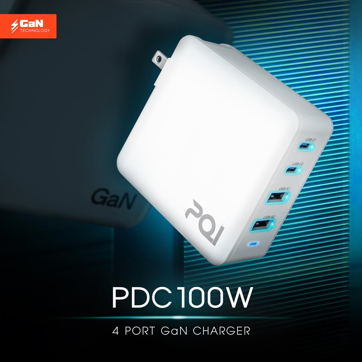 PQI 100W PD3.0 4孔氮化鎵GaN高速充電器附Type-C充電線1m，最多支援4台裝置同步快充，過熱保護、過電流保護、過充保護、過電壓保護，通過多國國際安規認證，確保夜間充電更安全。