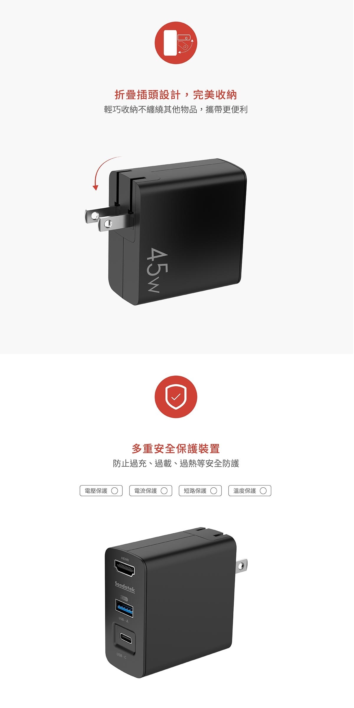 SOODATEK Switch Dock PD45W 充電影音套裝，可取代Nintendon Switch主機底座，底座和充電器二合一，隨插即用輕鬆搞定，支援USB-C裝置如Macbook、iPad充電，折疊插頭完美收納，多重安全保護裝置。