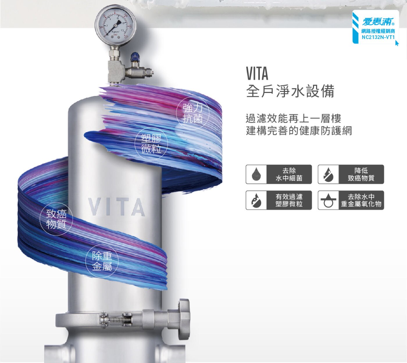 愛惠浦 Vita 全戶型淨水設備組保護皮膚與柔順髮絲：去除水中的餘氯及衍生物，避免皮膚乾燥破裂、皮疹粉 刺；髮絲不會乾澀、斷裂、分叉。