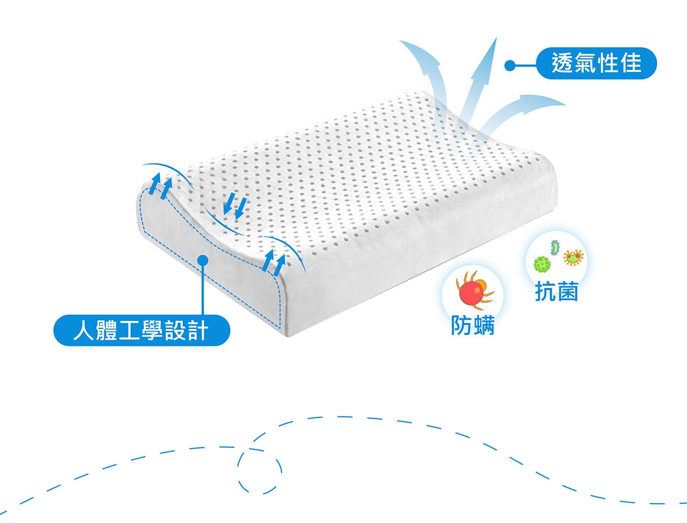 Reverie 幼童舒柔乳膠枕高品質乳膠，彈力支撐不易變形，有效抗蟎抗菌，透氣不悶熱。