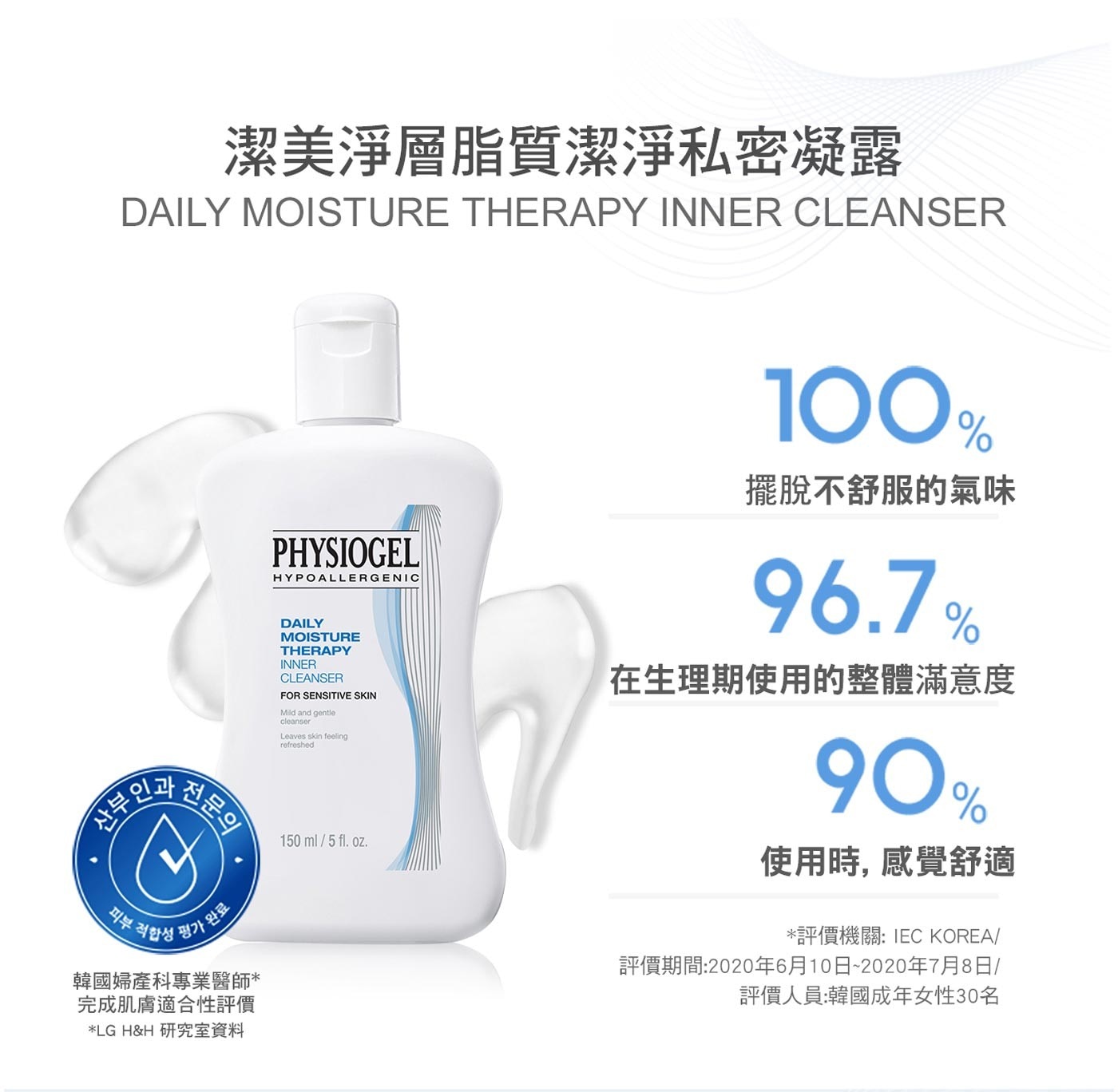 PHYSIOGEL 潔美淨層脂質潔淨私密凝露含迷迭香葉油植物菁萃配方，無皂鹼，針對外陰部肌膚獨特的弱酸性環境，所設計的私密肌膚頂級沐浴露。