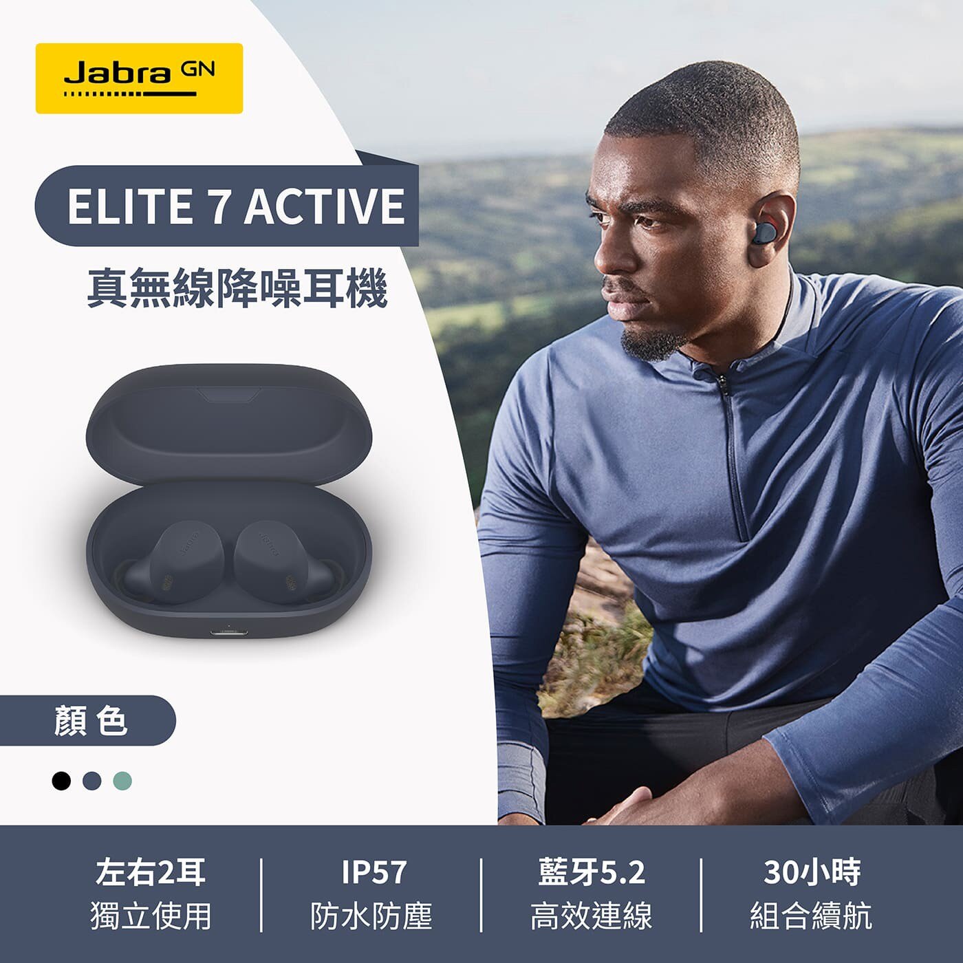 Jabra Elite 7 Active ANC降噪真無線藍牙耳機，運動防滑科技材質，IP57防水防塵保護，長達8小時的聆聽時間，搭配充電盒續航力可達30小時。