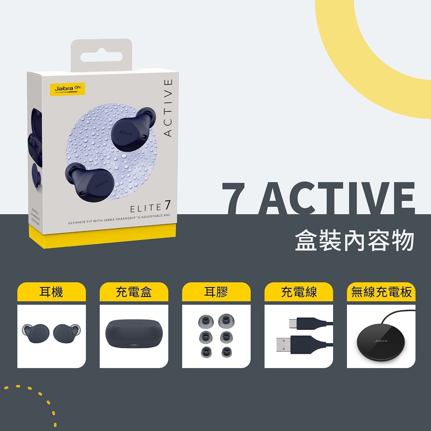 Jabra Elite 7 Active ANC降噪真無線藍牙耳機，盒裝內容有充電盒、耳機、耳膠、充電線。