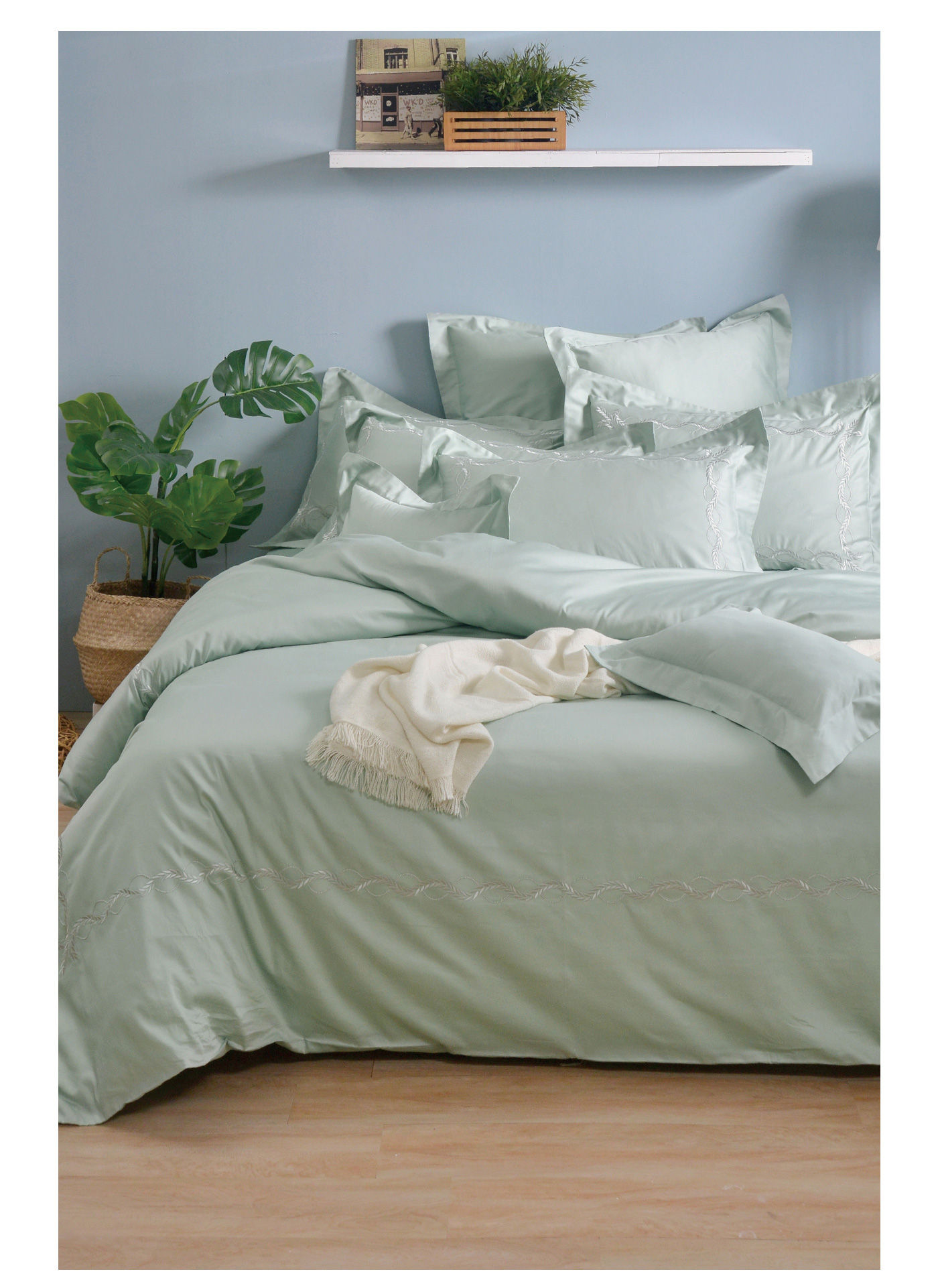 La Belle 雙人300織純棉刺繡被套床包4件組 藤蔓款 蒑草綠