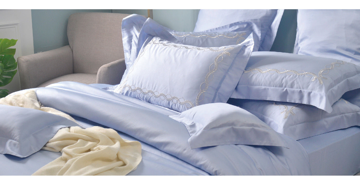 La Belle 雙人加大300織純棉刺繡被套床包4件組 藤蔓款 煙青藍