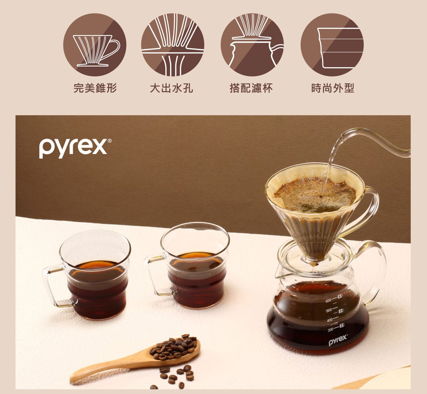 美國康寧Pyrex Cafe咖啡壺700ml+玻璃濾杯，耐熱玻璃材質耐熱400°C，獨特外型，可搭配濾杯使用。