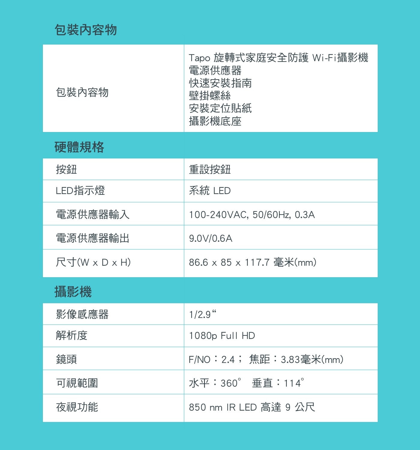TP-Link Tapo TC70 Wi-Fi室內攝影機，1080P高畫質影像，水平360度/垂直114度旋轉，9公尺的夜視距離，支援App遠端操作，雙向語音，可錄音，可通話。