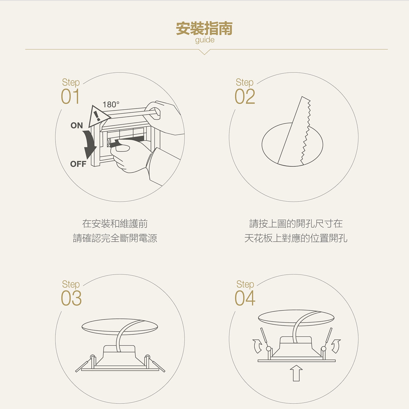 歐司朗 朗德萬斯 晶享 20W 8吋LED薄型崁燈 安裝指南，安裝前關閉電源，按圖上開孔尺寸於天花板對應位置開孔