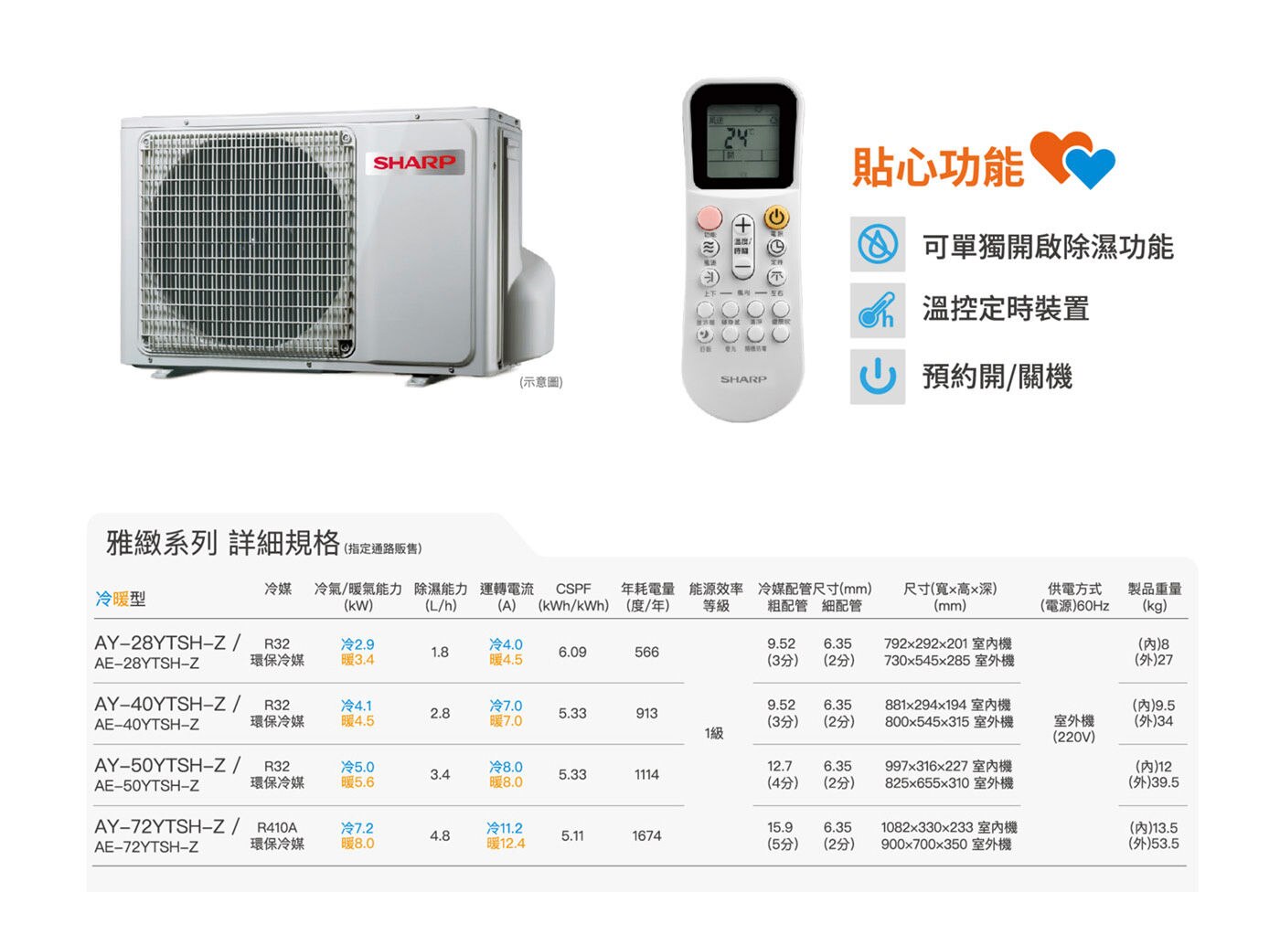 夏普 7.2kW 變頻冷暖一對一分離式冷氣