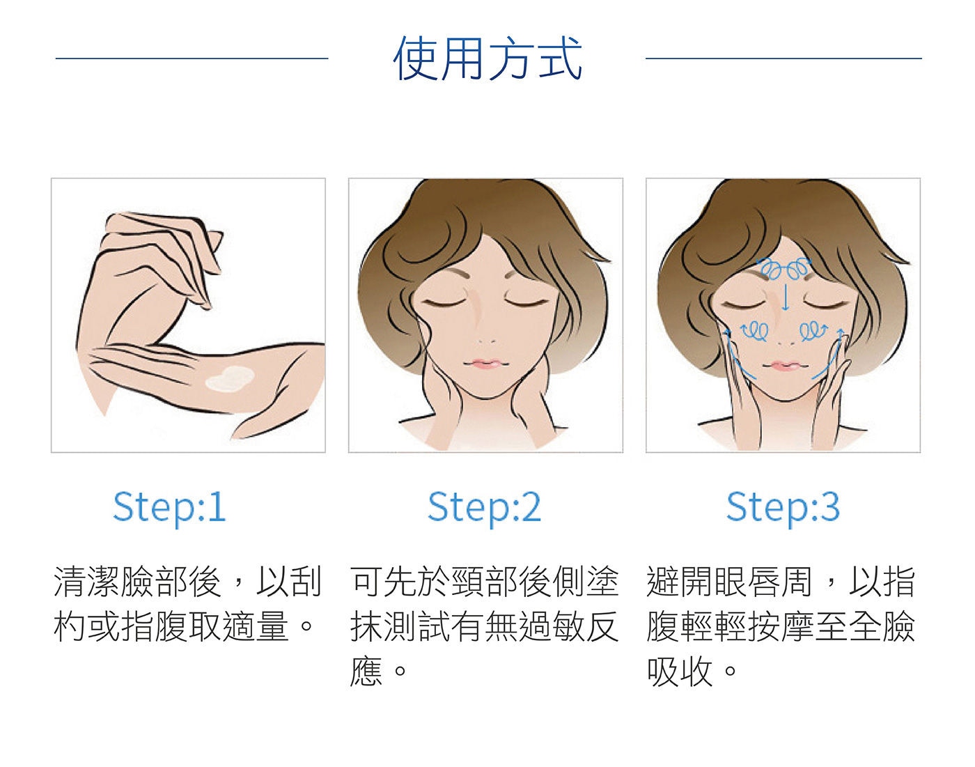 ISANA 24H超水妍玻尿酸保濕水凝霜 清潔臉部後取適量，先從頸部後側塗抹測試過敏反應，避開眼唇周以指腹按摩全臉吸收