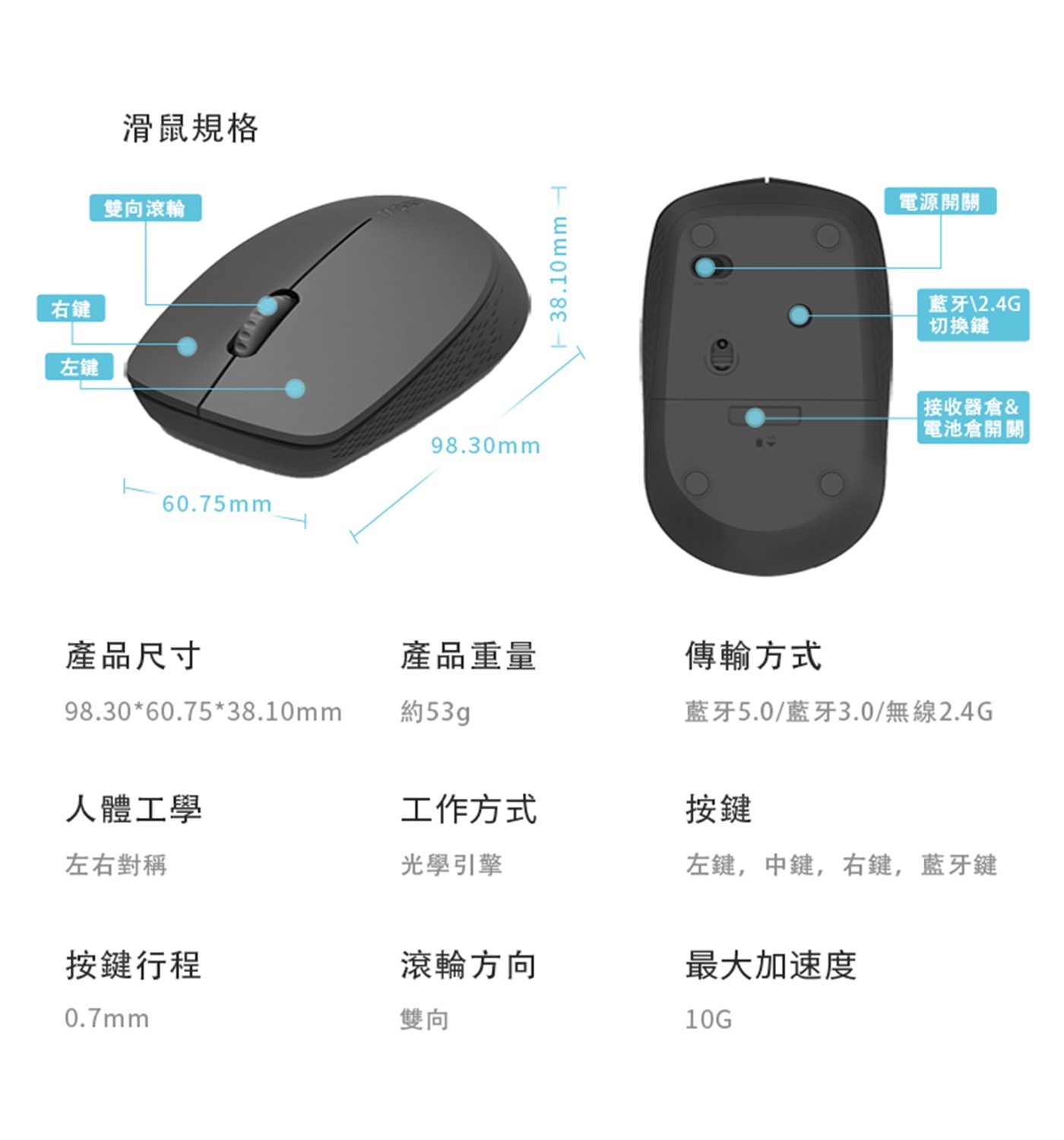 Rapoo 8100GT 多模式無線鍵鼠套裝組 左鍵/中鍵/右鍵/藍芽鍵 1.5V電壓 1個AA電池 9個月壽命