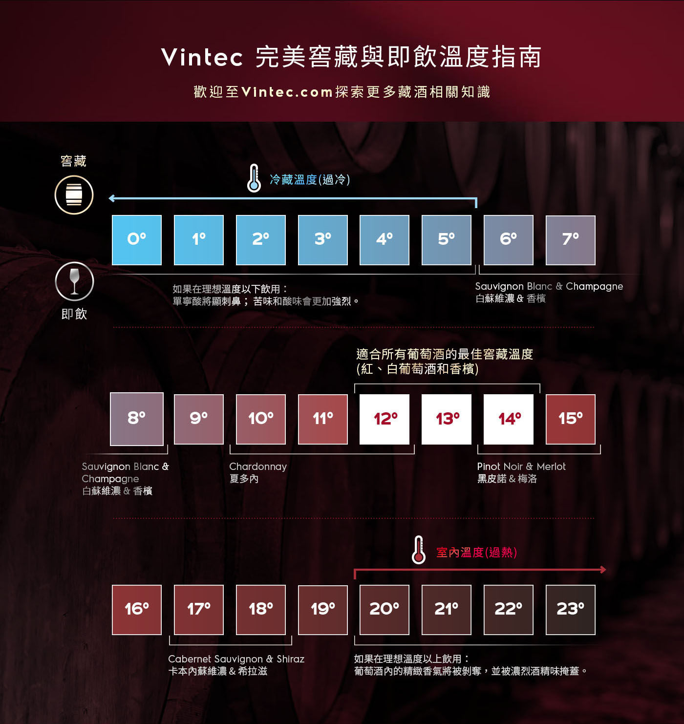 Vintec 獨立式/嵌入式雙溫酒櫃 50瓶 VWD050SBA-X窖藏與即飲溫度指南6-8度適合白蘇維儂/香檳10-12夏多內/12-14所有葡萄酒/14-15黑皮諾梅洛