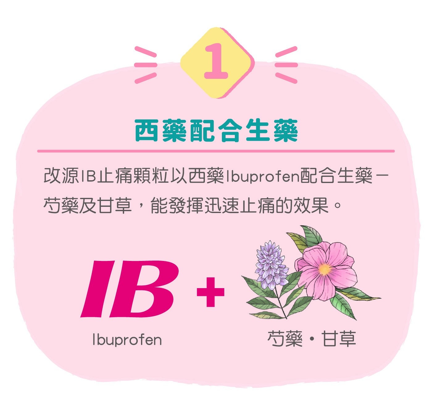 西藥配合生藥改源IB止痛顆粒以西藥 Ibuprofen配合生藥- 芍藥及甘草,能發揮迅速止痛的效果芍藥甘草