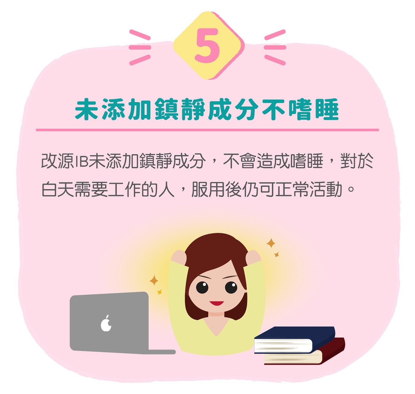 未添加鎮靜成分不嗜睡改源 IB 未添加鎮靜成分,不會造成嗜睡,對於白天需要工作的人,服用後仍可正常活動