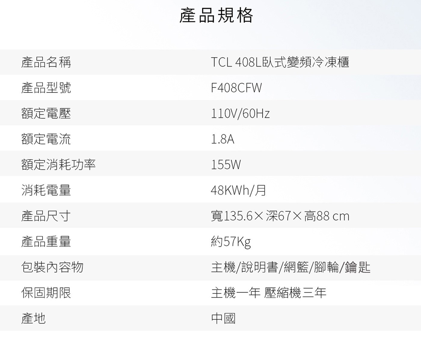 TCL 408公升 變頻臥式冷凍櫃 F408CFW溫控範圍可達 -18~-24 ° C雙門掀蓋式設計 可獨立開啟 方便節能