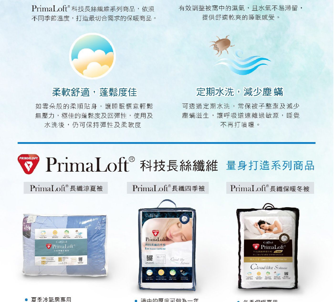 Caliphil PrimaLoft 雙人科技長纖四季被 180公分 X 210公分，一面100%美國棉表布;一面磨毛壓花纖維親膚表布，被芯填充重量800公克，PRIMALOFT 美國專利纖維，調節溼氣，乾爽透氣，四季皆可使用