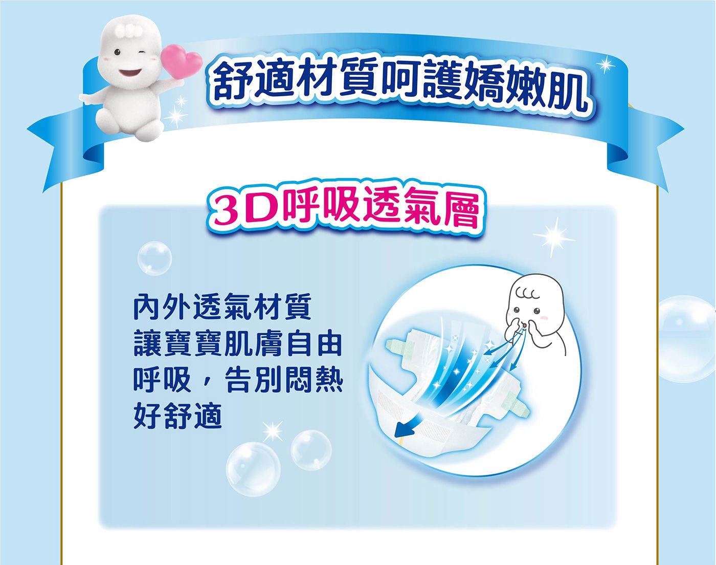 滿意寶寶 瞬潔乾爽紙尿褲 S號 216片3D呼吸透氣層，內外透氣材質讓寶寶肌膚自由呼吸，告別悶熱好舒適