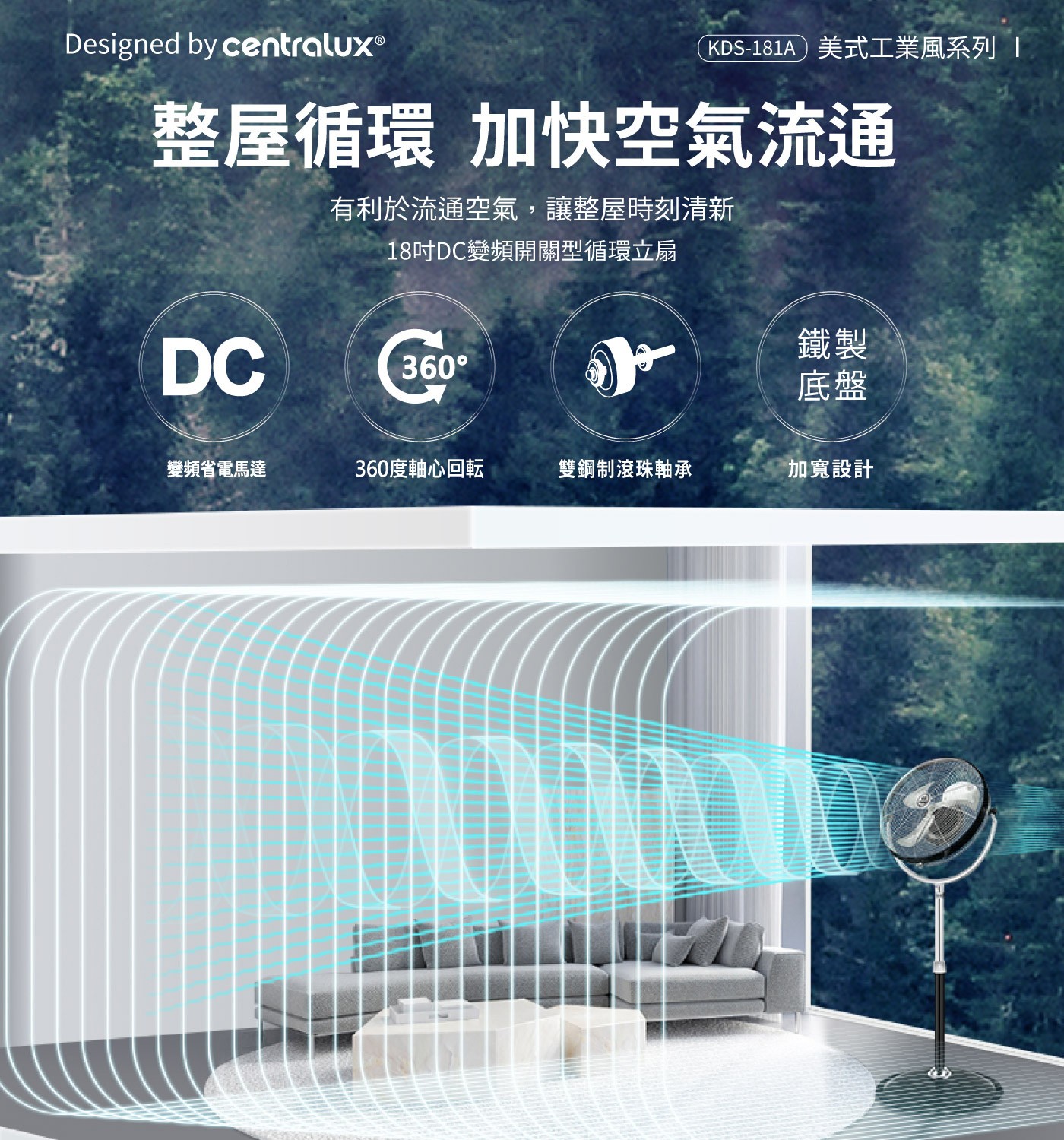 中央牌 18吋DC內旋開關型循環立扇DC變頻節能馬達，省電靜音，鋁合金葉片，專利360度內旋式出風，大面積散熱系統。