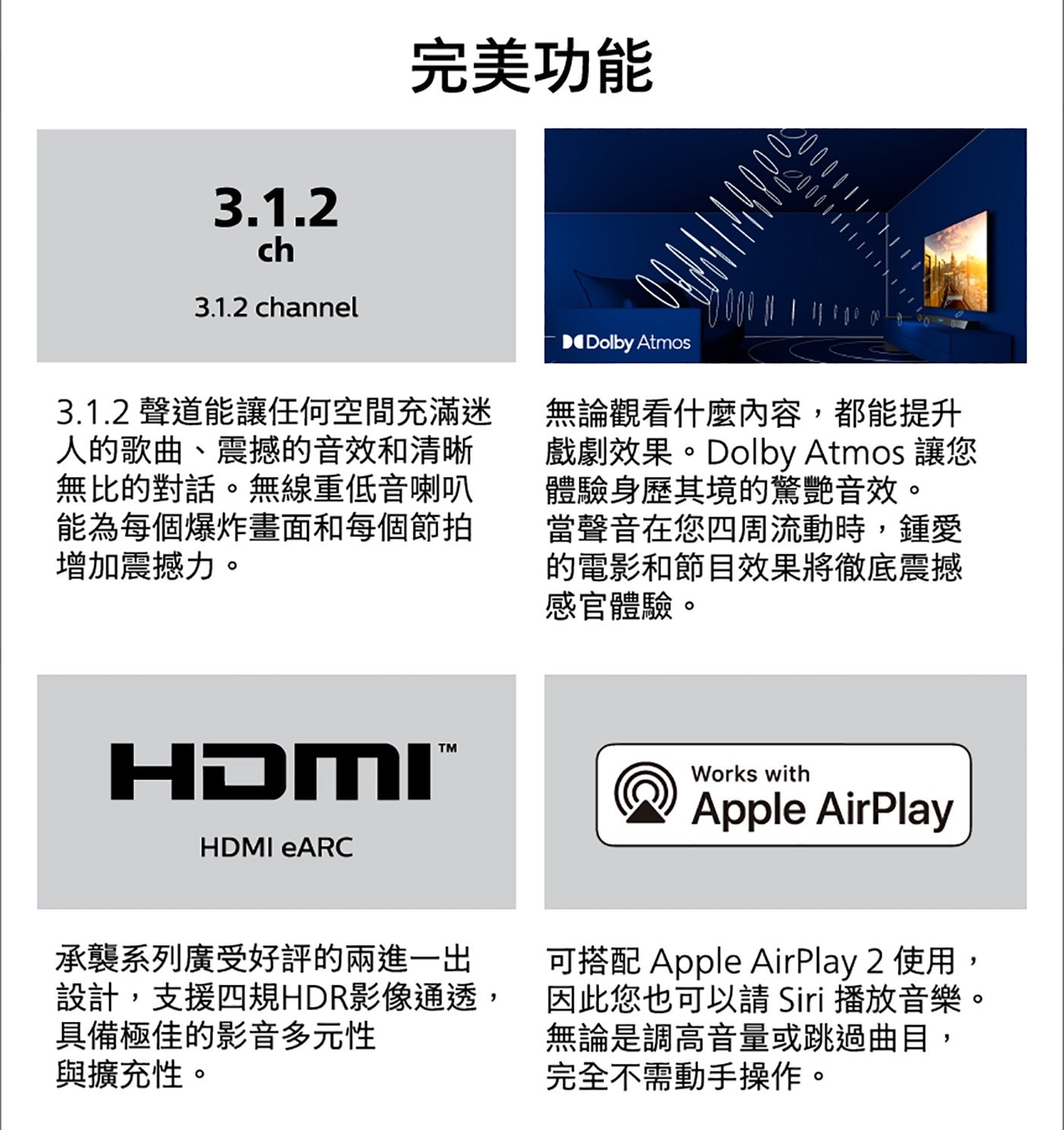 飛利浦 3.1.2 無線重低音家庭劇院Soundbar TAB8947/96 完美功能