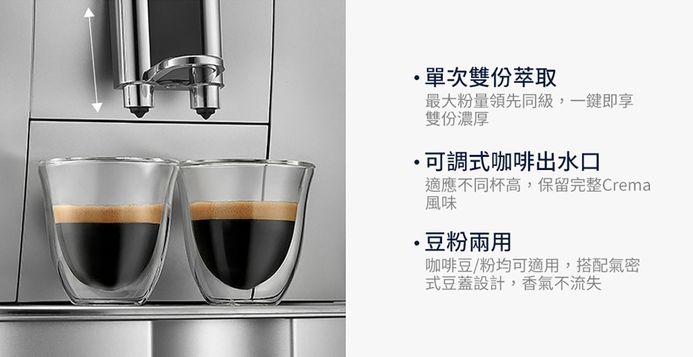 迪朗奇 全自動義式咖啡機 單次雙份萃取 可調式咖啡出水口 豆粉兩用