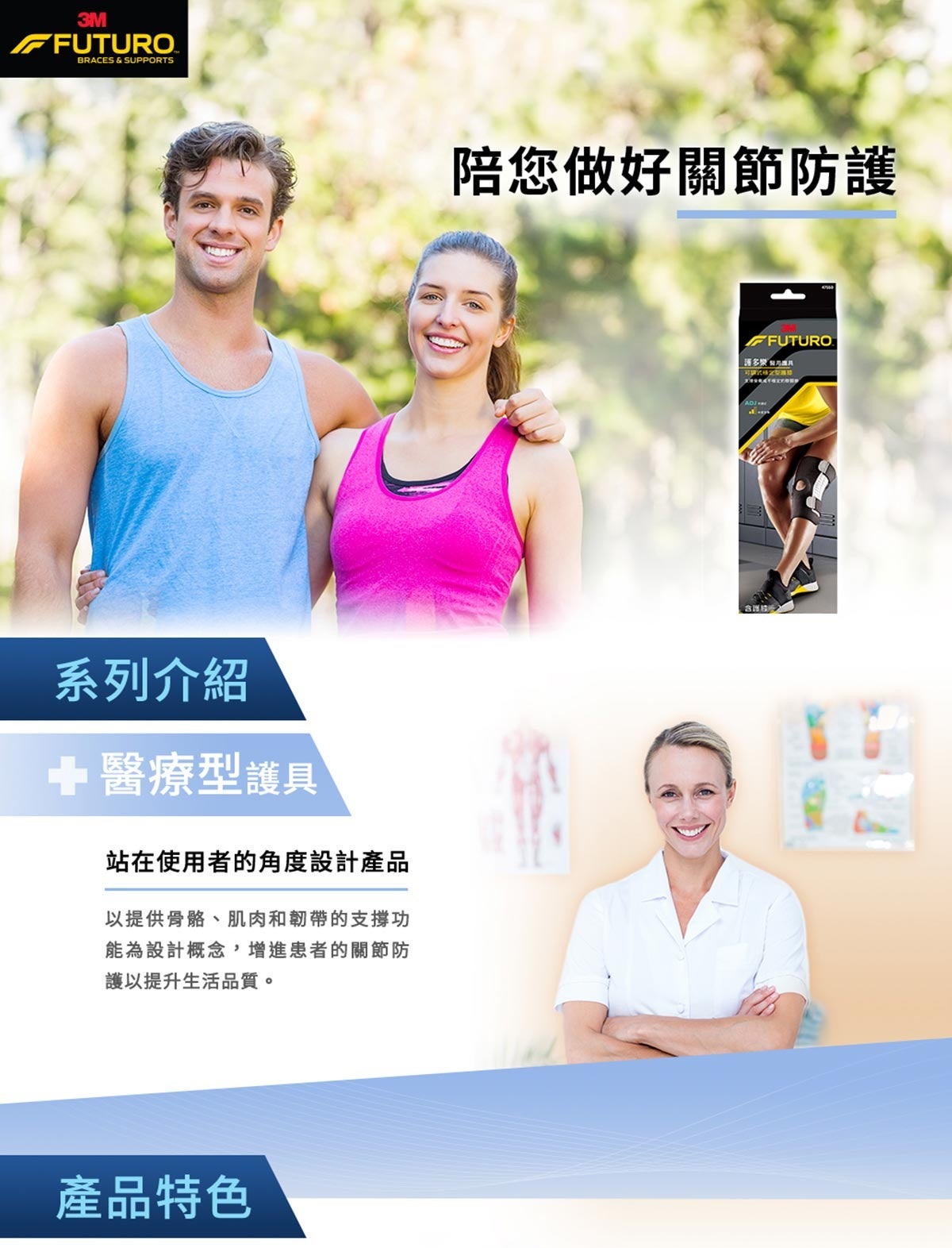 3M 護多樂 可調式穩定型護膝，可調整的彈性繫帶設計，符合個人尺寸需求，反光材質魔鬼沾：美觀搶眼，提升安全效果，左右雙支撐片設計，同時增加膝關節內外側穩定性，亦不影響關節活動。