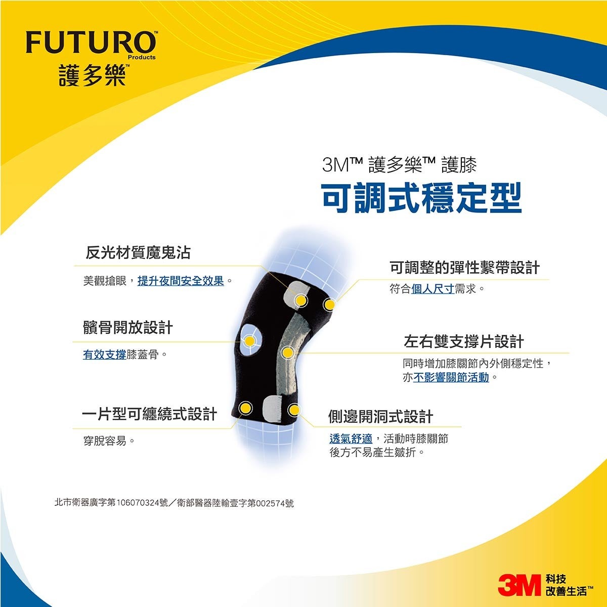 3M 護多樂 可調式穩定型護膝，可調整的彈性繫帶設計，符合個人尺寸需求，反光材質魔鬼沾：美觀搶眼，提升安全效果，左右雙支撐片設計，同時增加膝關節內外側穩定性，亦不影響關節活動。