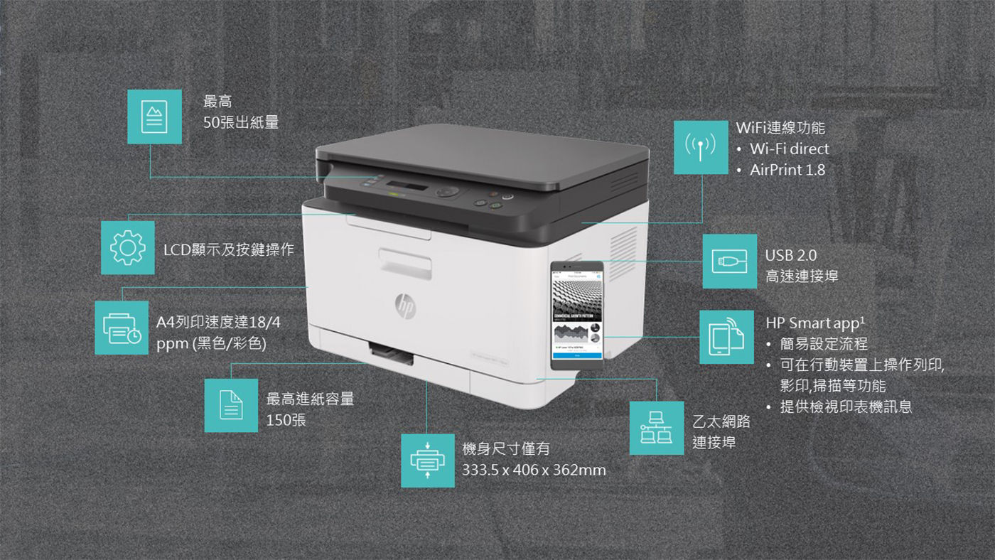 HP 彩色雷射多功能無線印表機 178NW+W2090A黑碳匣X1支援HP SMART/最高50張出紙量/LCD面板/USB連接