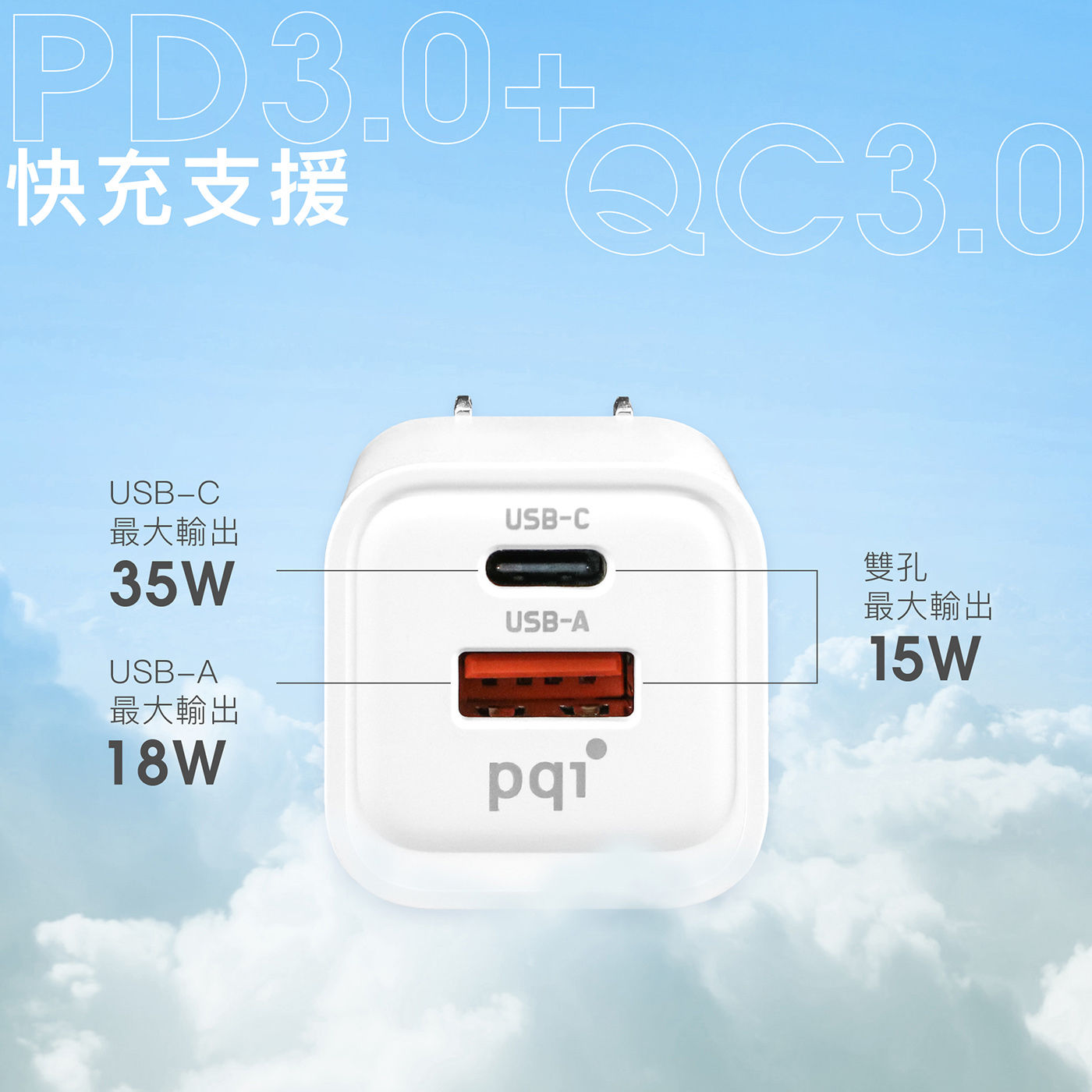 PQI PD QC3.0 GaN 35W 快速充電器 附充電線120公分快充支援