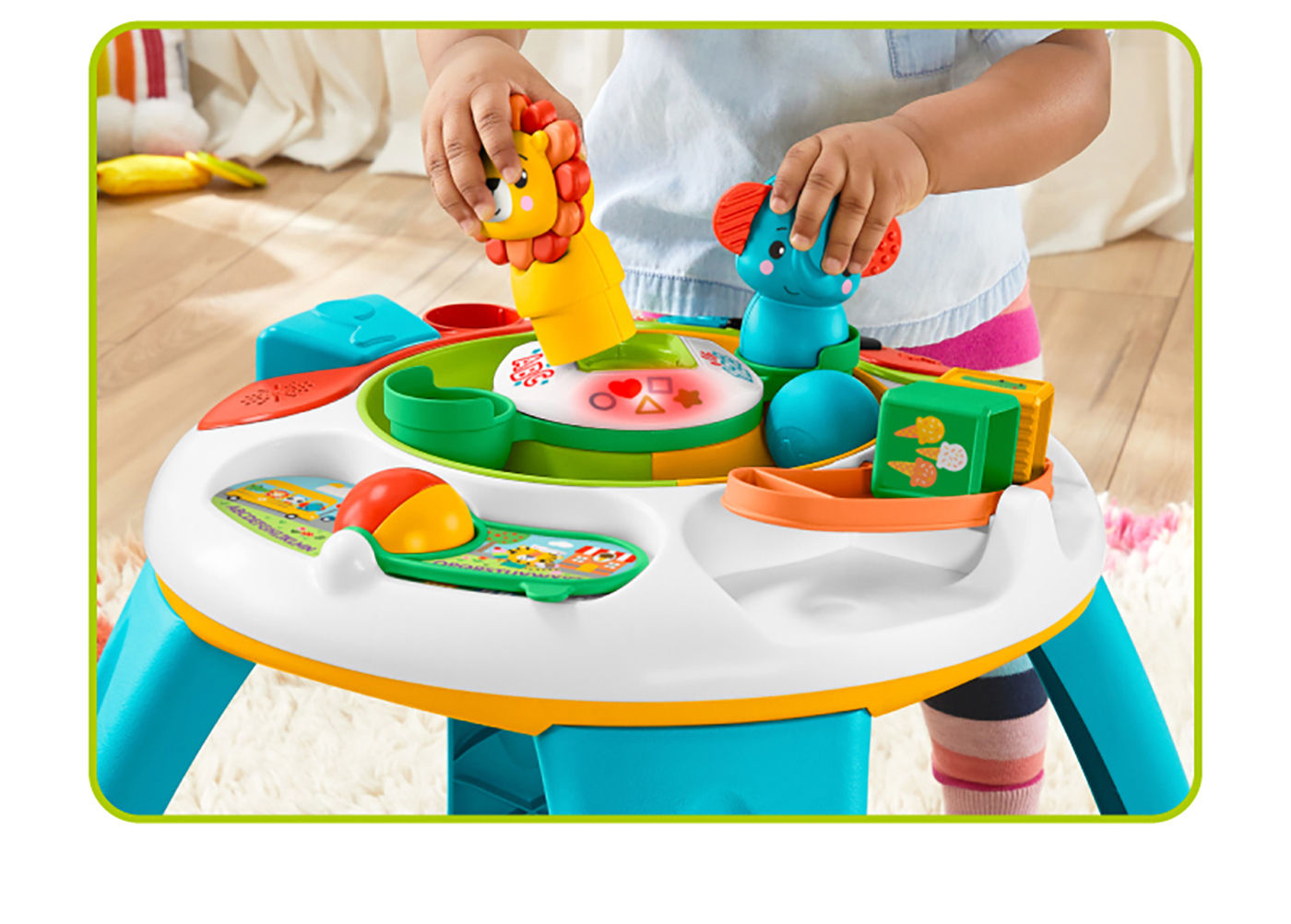 費雪 動物學習遊戲桌六個移動玩具獅子大象方塊和圓球可以自由變換位子啟動遊戲機關