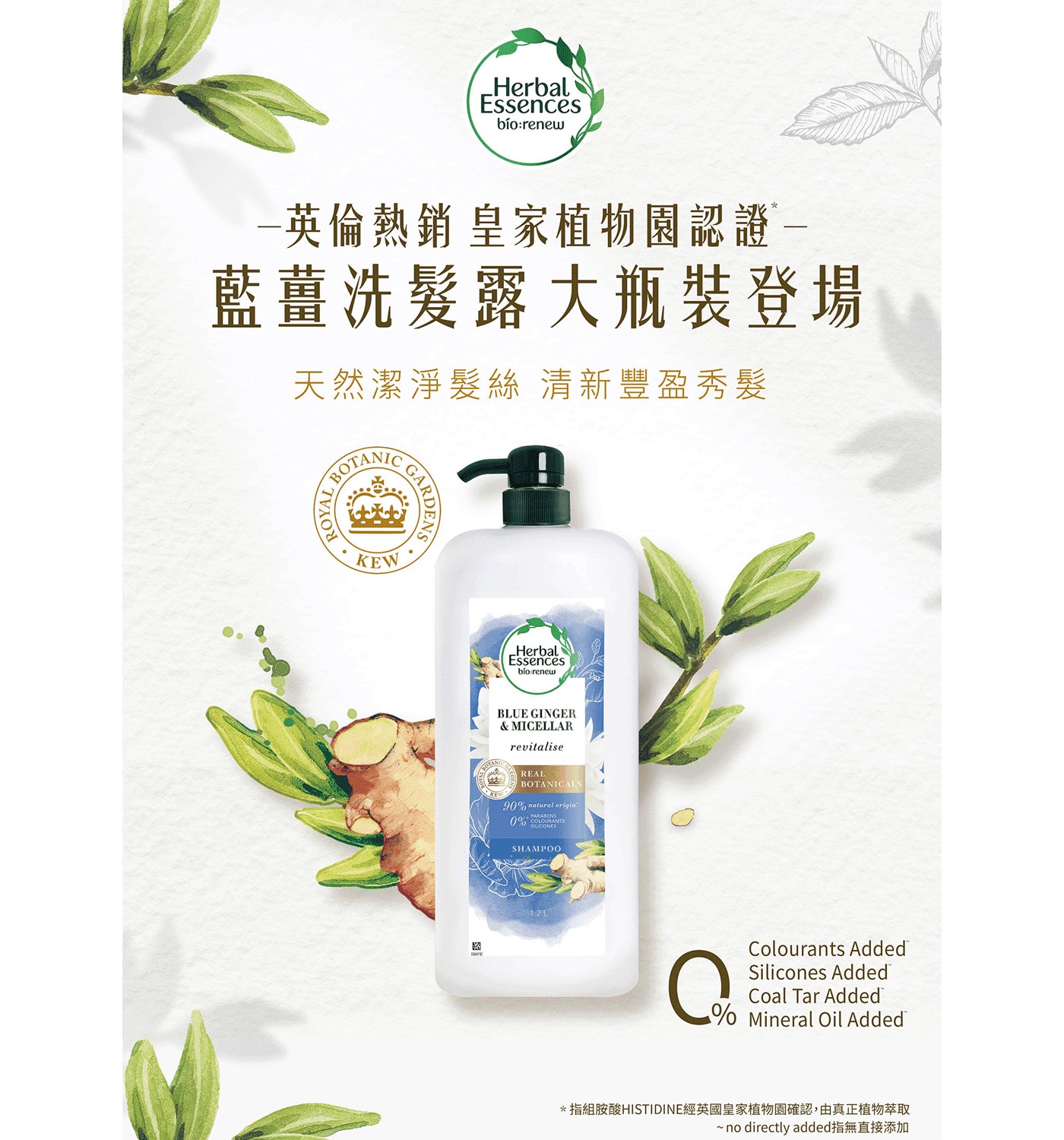 Herbal Essences 藍薑清香豐盈洗髮露 1.2公升英國熱銷皇家植物園認證大瓶裝登場天然潔淨髮絲清新豐盈秀髮