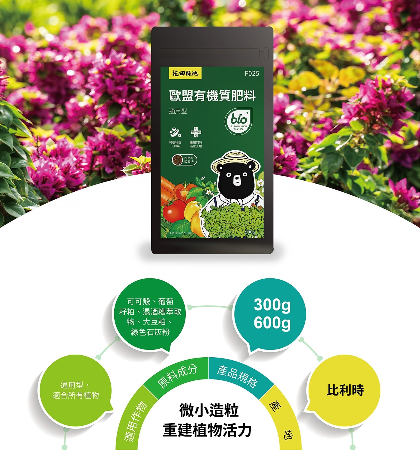 花田綠地 歐盟有機質通用肥料 600公克 X 4包微小顆粒重建植物活力