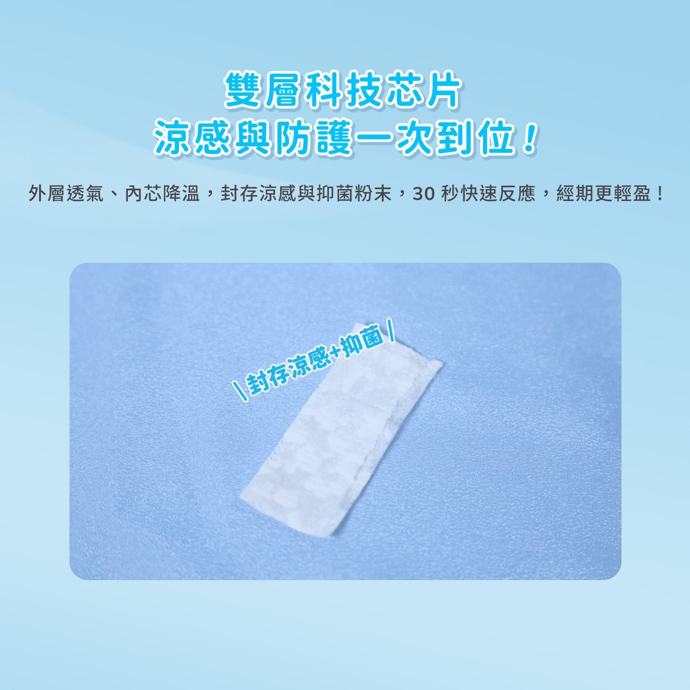 雙層科技芯片 涼感與防護一次到位! 外層透氣、內芯降溫,封存涼感與抑菌粉末,30秒快速反應,經期更輕盈! 封存涼感抑菌