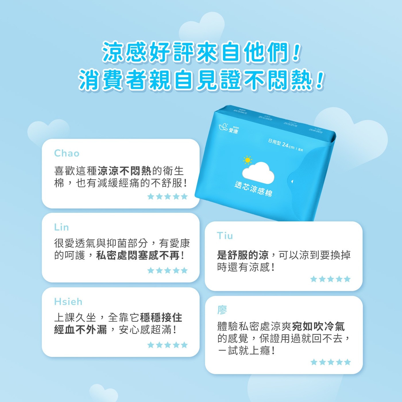 涼感好評來自他們! 消費者親自見證不悶熱! Icon 愛康 日用型 24cmi8片 Chao 喜歡這種涼涼不悶熱的衛生 棉,也有減緩經痛的不舒服!