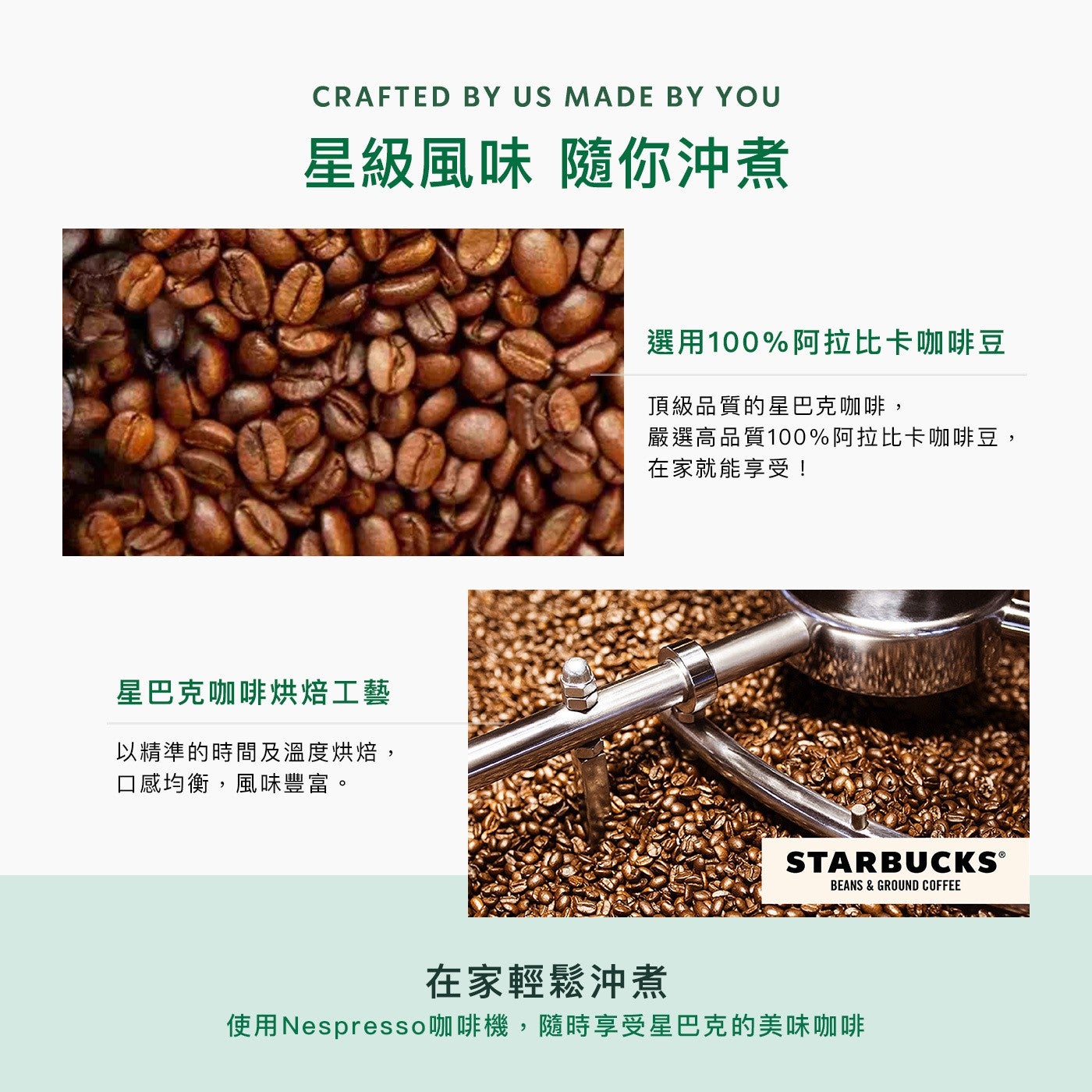 星級風味隨你沖煮星巴克咖啡烘焙工藝以精準的時間及溫度烘焙, 口感均衡,風味豐富選用100阿拉比卡咖啡豆頂級品質的星巴克咖啡, 嚴選高品質100阿拉比卡咖啡豆, 在家就能享受! 在家輕鬆沖煮使用Nespresso咖啡機,隨時享受星巴克的美味咖啡