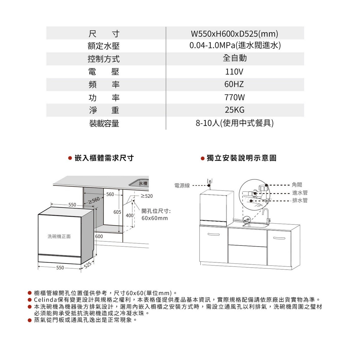 Celinda 8人份獨立式洗碗機 商品規格