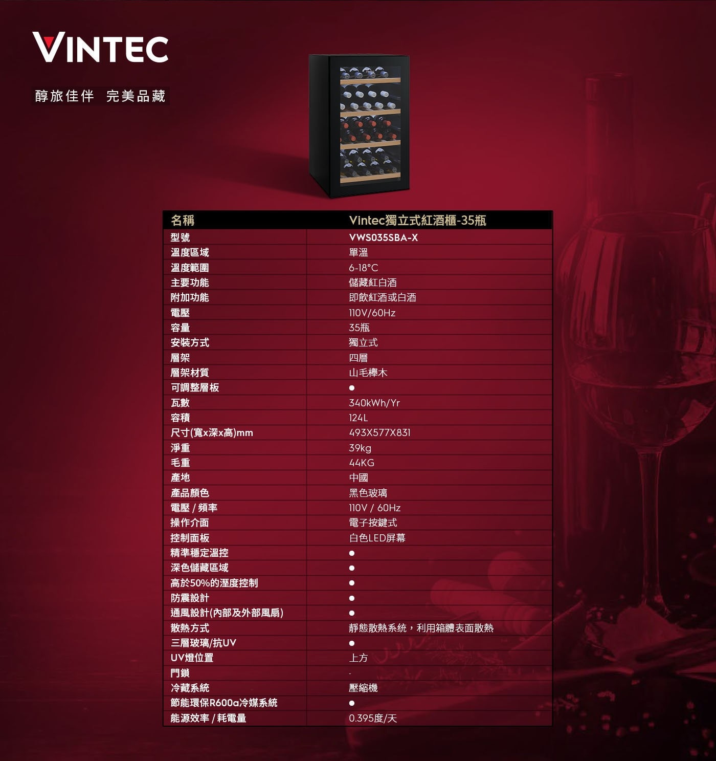 Vintec 獨立式單溫紅酒櫃 35瓶 VWS035SBA-X並排放置瓶口相對交錯擺放