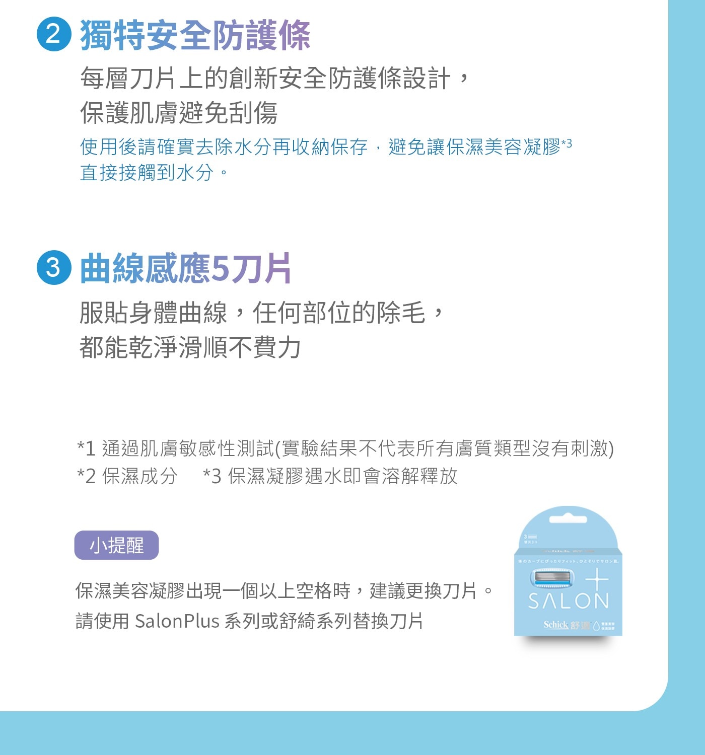 獨特安全防護條 每層刀片上的創新安全防護條設計, 保護肌膚避免刮傷 使用後請確實去除水分再收納保存,避免讓保濕美容凝膠3 直接接觸到水分。