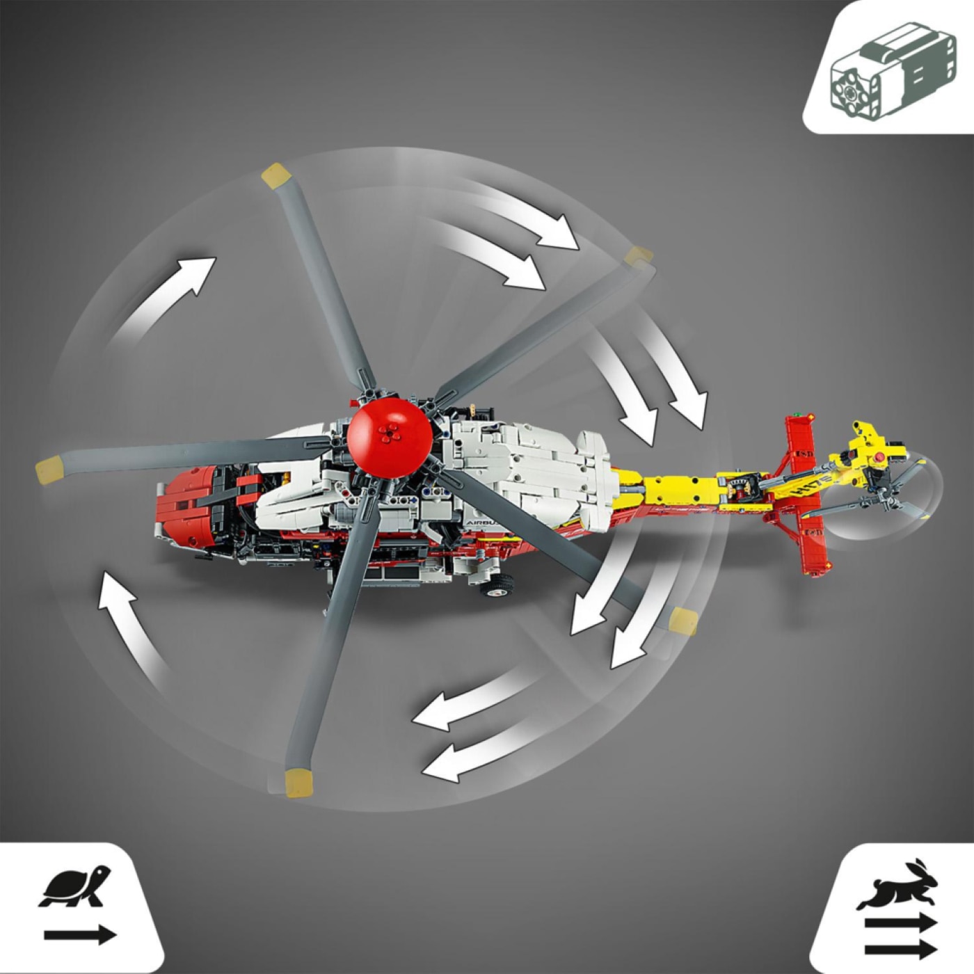 LEGO 科技系列 救援直升機，探索讓直升機運轉的各種功能，機械動力特色包括旋翼與著陸裝置，具備掀式駕駛艙門以及乘座拉門。