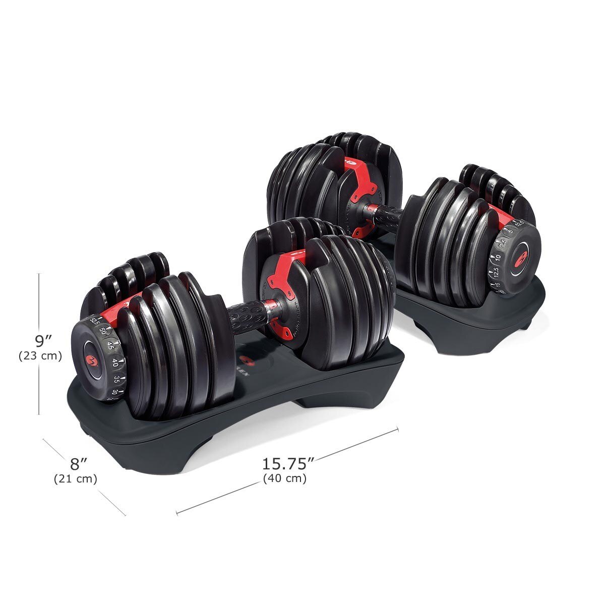 Bowflex 調整式啞鈴組含支架，以2.5磅為增量，重量輕鬆地切換，轉動錶盤改變阻力，而逐漸增強力量，不再需要15支不同重量啞鈴才能鍛鍊，使您的鍛煉空間乾淨俐落。
