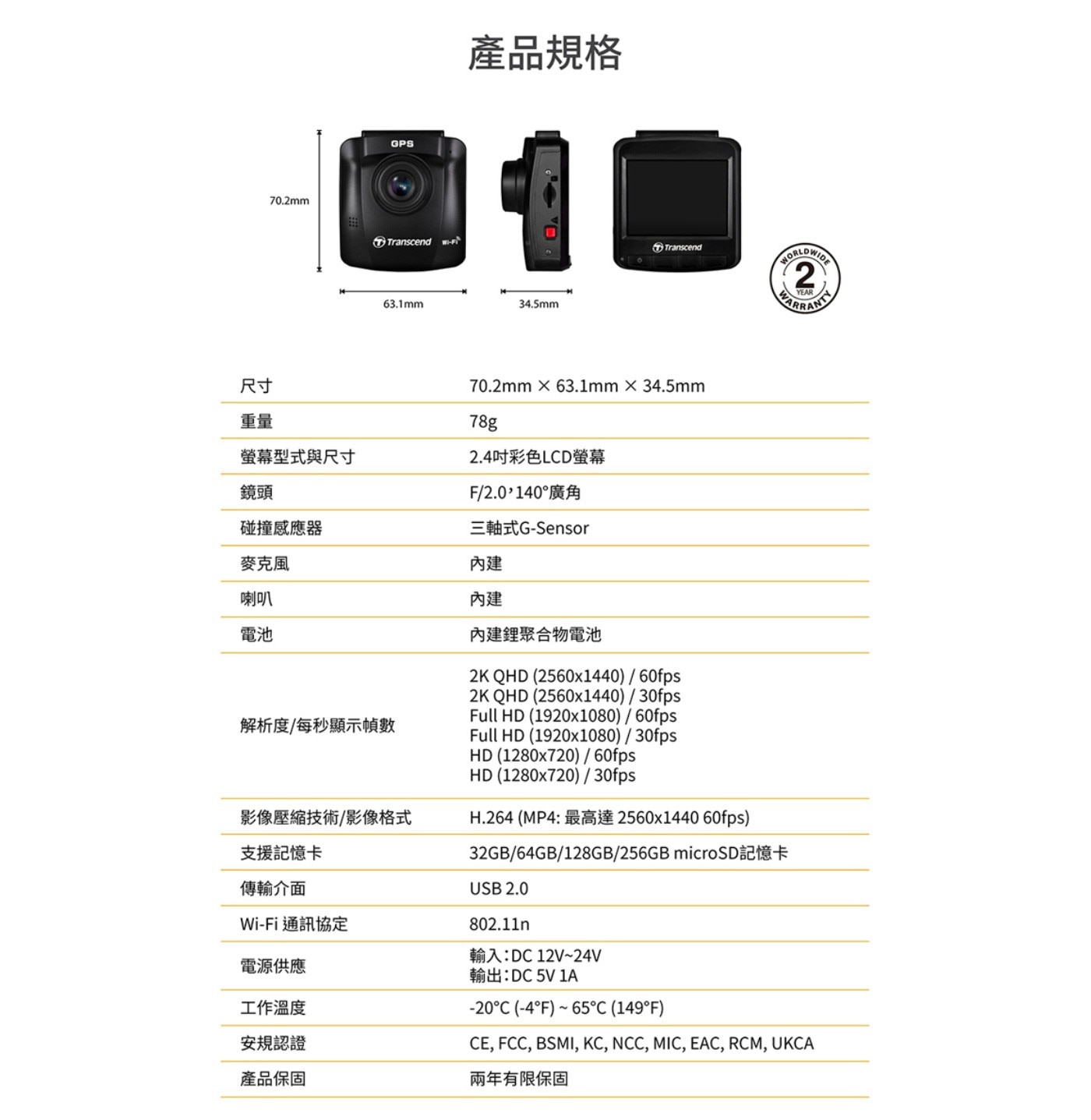 Transcend 創見 DrivePro™ 250 行車記錄器，內建 Wi-Fi GPS 功能，附 64G 記憶卡，清晰畫面全都錄，體現安全美學，高感光元件，夜間拍攝也清晰。