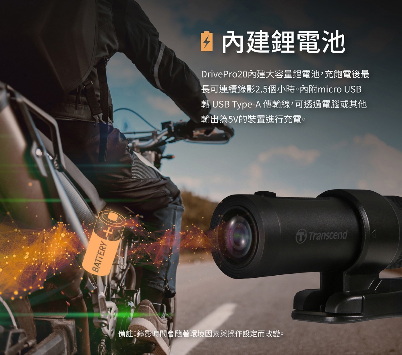 Transcend 創見 DrivePro™ 20 機車行車記錄器，附 64G 記憶卡，清晰畫面全都錄，體現安全美學，高感光元件，夜間拍攝也清晰。